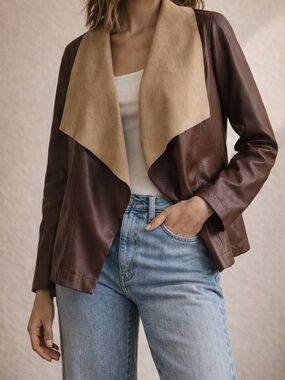 Tahari Brown Faux Leather Jacket Size Medium Draped Collar Open Front